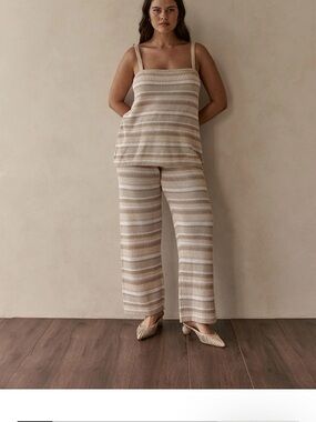 Striped Knit Square-Neck Camisole in Beige and White (pants also available)